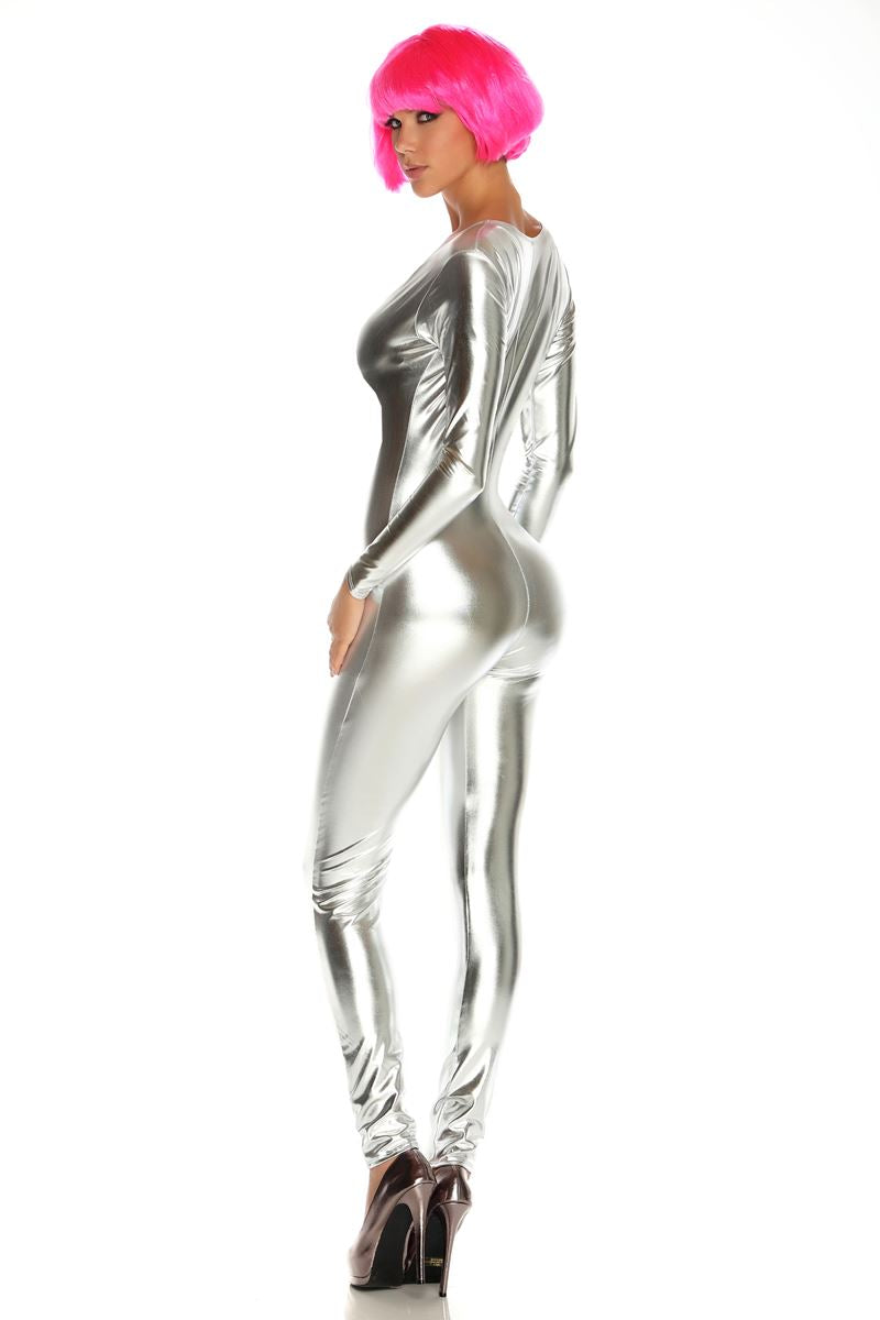 Metallic Zipfront Silver Women Bodysuit by Forplay only at  Tdcostumes.com - Image 2